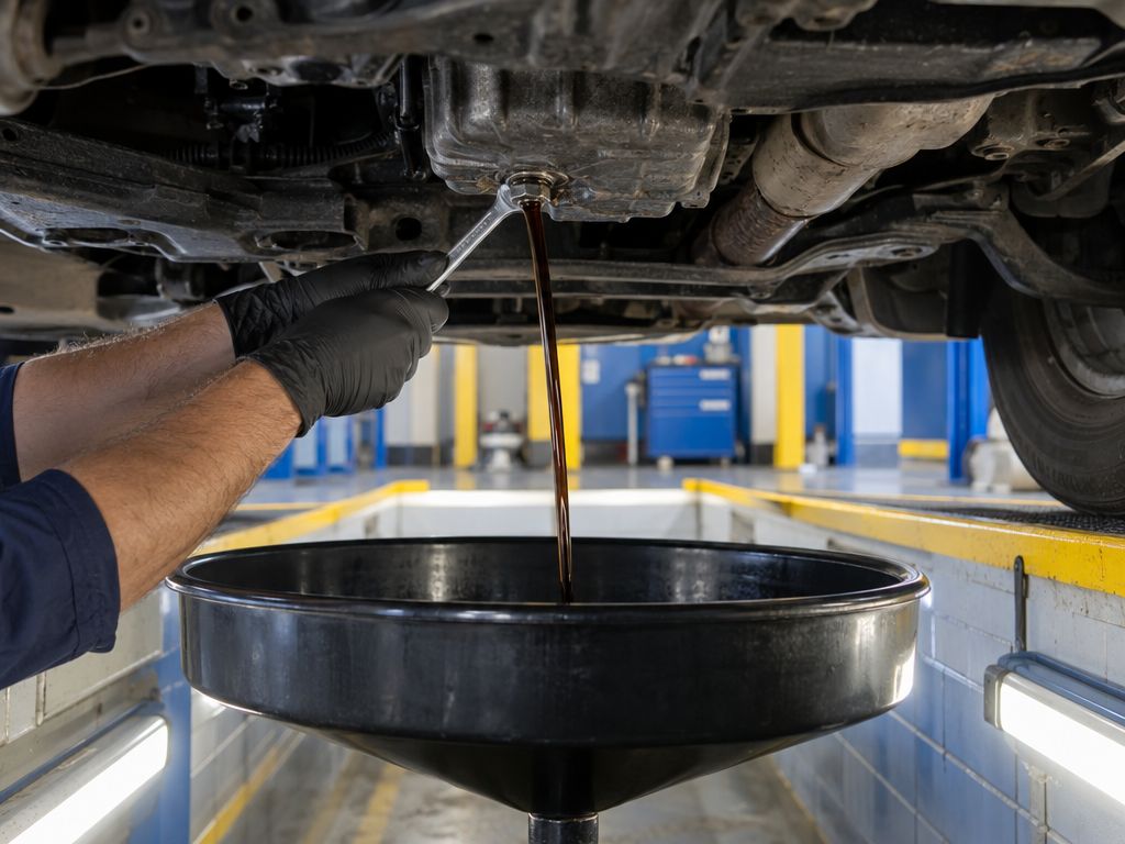 Gloved hands removing an oil drain plug from under a car