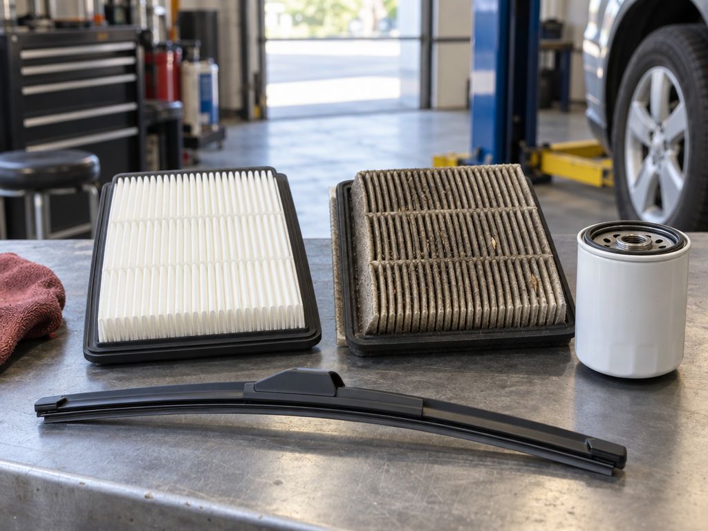 A new air filter, a used one, an oil filter and a wiper blade on a workbench