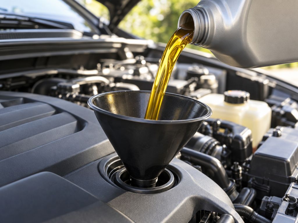 Fresh motor oil being poured into an engine